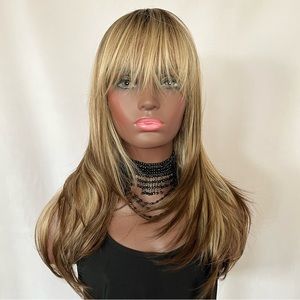 “Put On & Go” Blonde & Cocoa Brown Synthetic Wig with Bangs